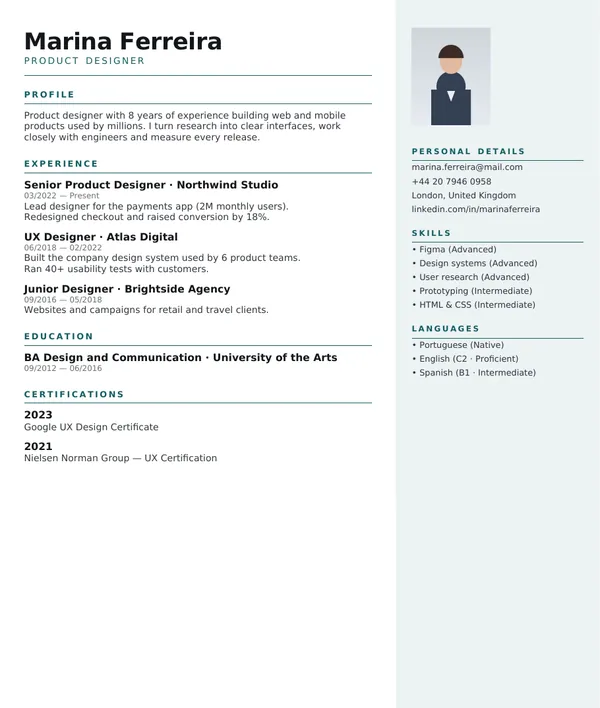 Light sidebar resume template — PDF example